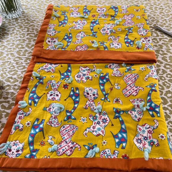 Retro Vintage HAND STITCHED Child Blanket Yellow Orange Multi Animals ADORABLE - Picture 2 of 13